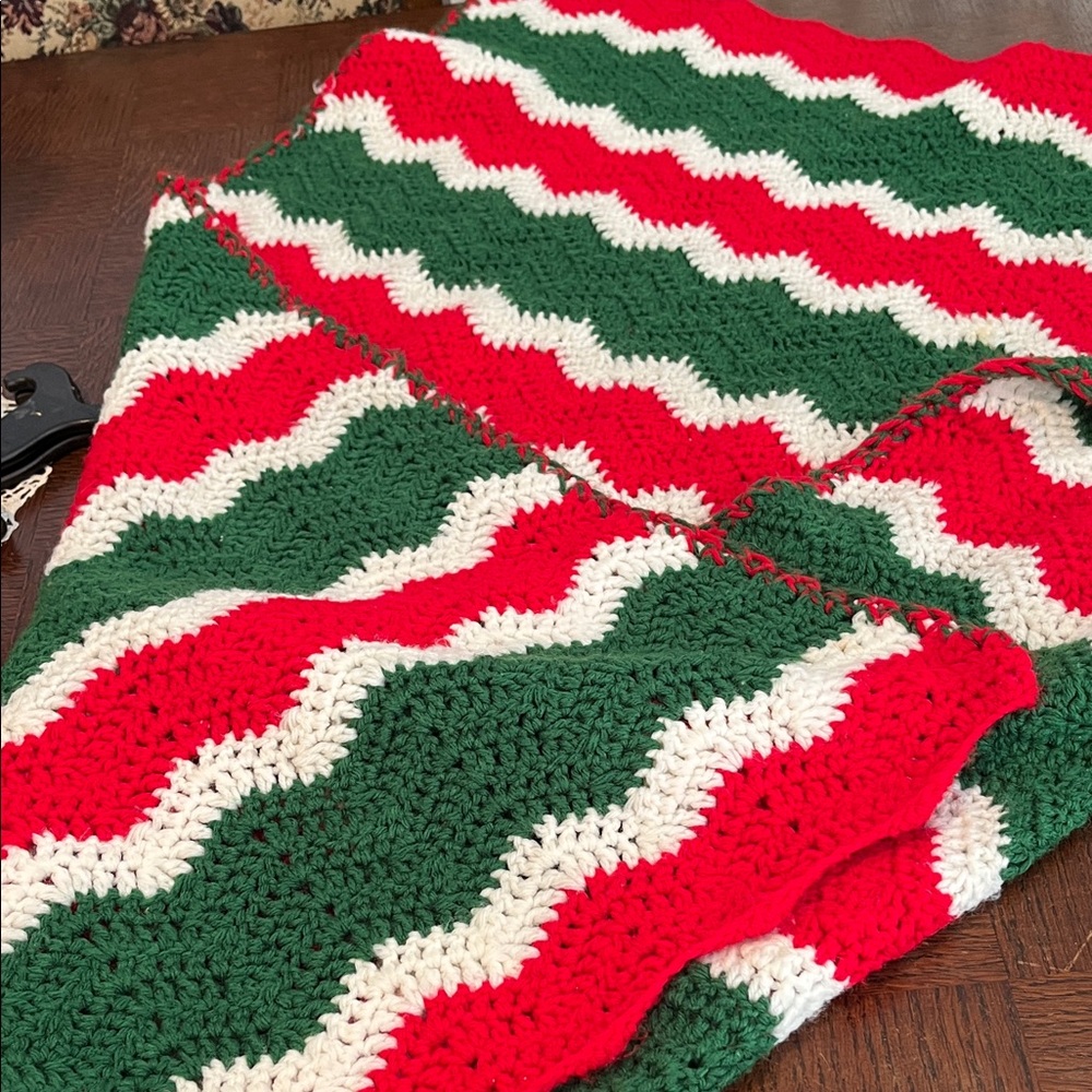 Festive handmade crochet Throw Blanket - Red, Green, and White. Size 41” x 36”